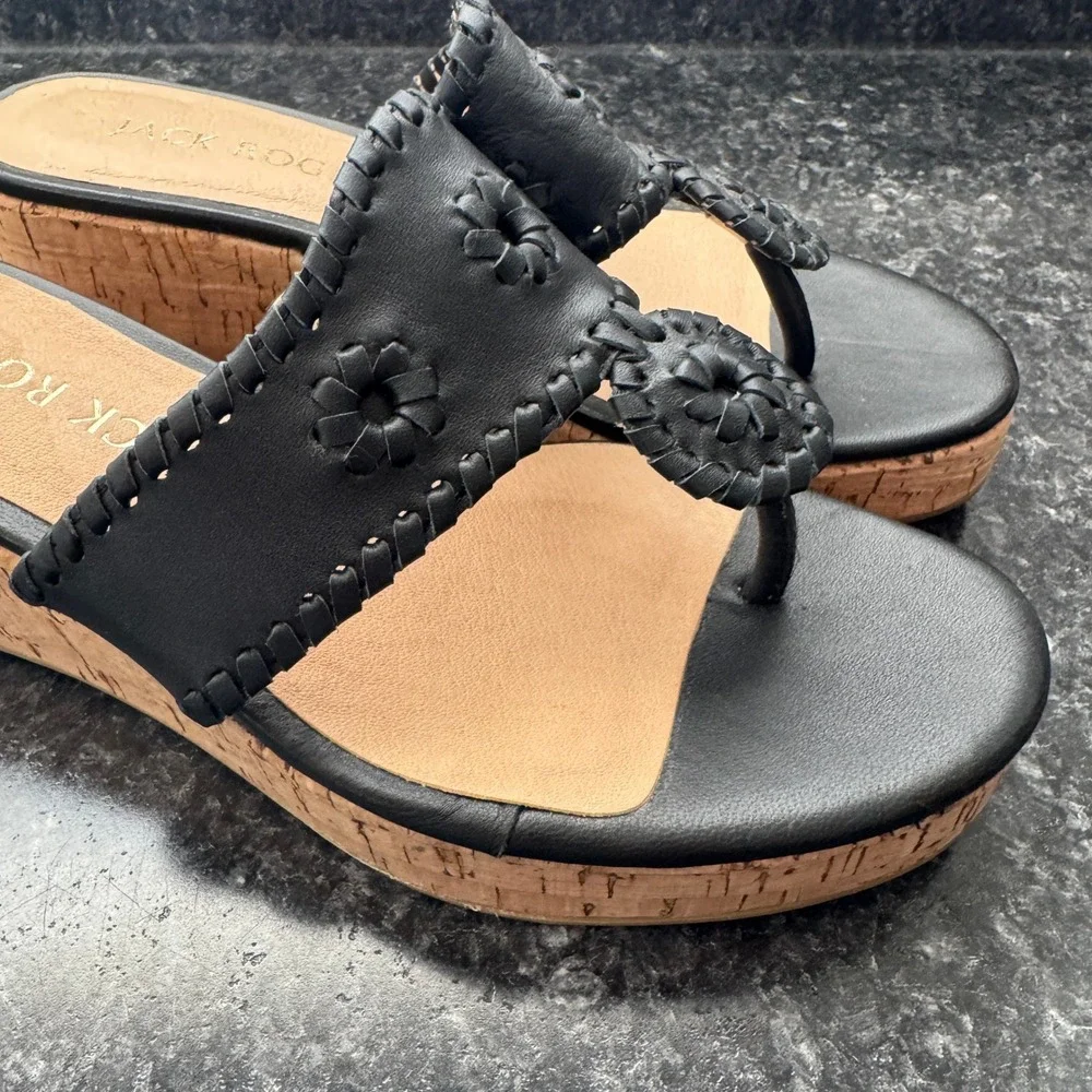 Jack Rogers Mid Wedge Cork Thong Sandals Women's Size 7 Woven Black Classic